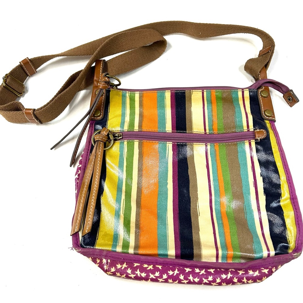 Y2K Fossil Women’s Crossbody Bag Coated Canvas Striped Purple Blue Yellow #4031